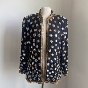VINTAGE JACK BRYAN Beaded Jacket Women’s Size 14 Black Gold Silver Metallic 70s